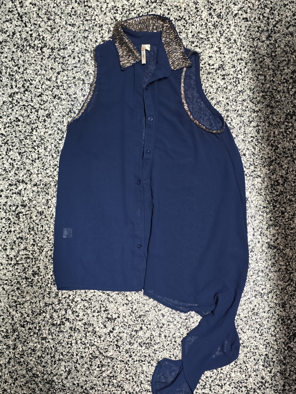 Navy Sleeveless Button-Front Girls Top with Metallic Collar